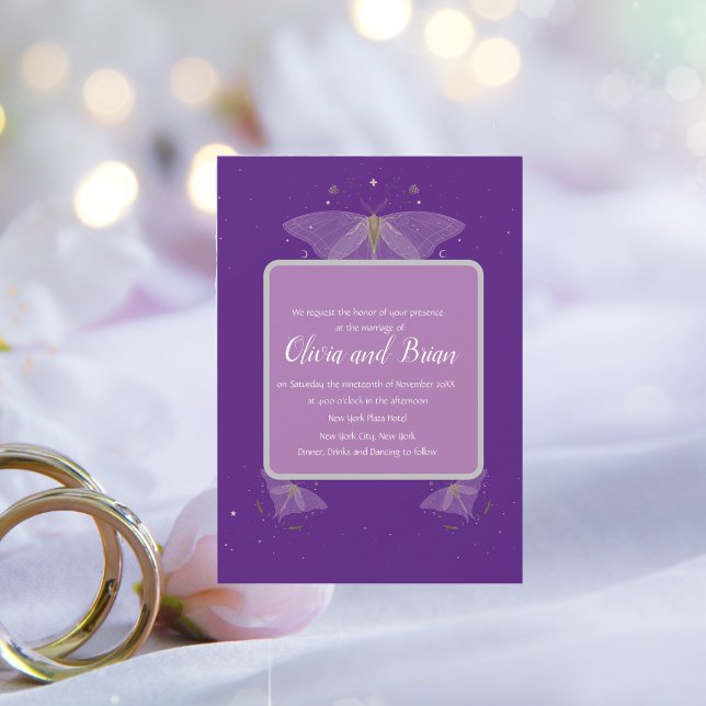 Trendy and mystical purple moth wedding invitation (Creator Uploaded)