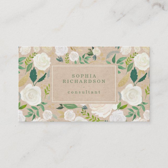 Trendy and Rustic White Floral on Kraft Look Business Card (Front)