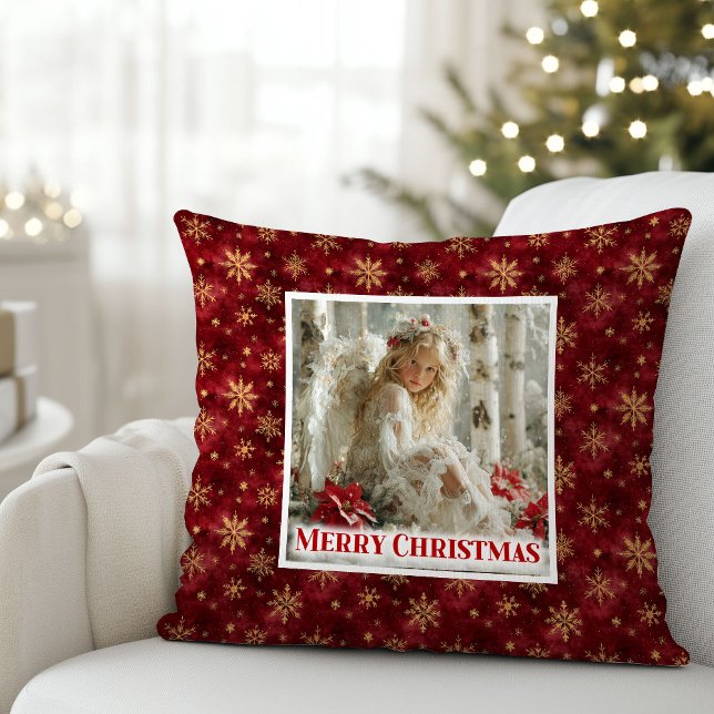 Trendy Angel Poinsettia Red Gold Personalized Xmas Cushion (Trendy Angel Poinsettia Red Gold Personalized Christmas Pillow

)