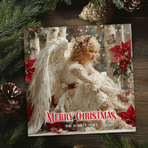 Trendy angelic angel red gold festive beautiful  holiday card