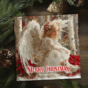 Trendy angelic angel red gold festive radiation   holiday card