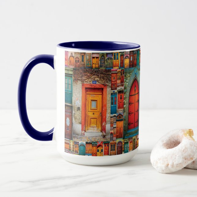 Trendy Antique International Doors Blue Modern Mug (With Donut)