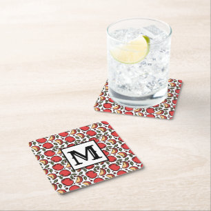 Trendy Apple Pattern Monogram Square Paper Coaster