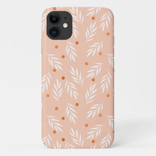 Trendy Apricot Pink Floral Leaves Pattern iPhone 11 Case