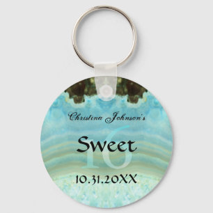 Trendy Aqua Blue Crystal Sweet 16 Party Favours Key Ring