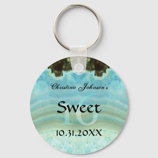 Trendy Aqua Blue Crystal Sweet 16 Party Favours Key Ring (Front)