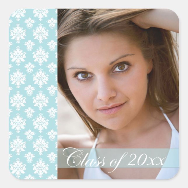 Trendy aqua blue damask photo graduation stickers (Front)
