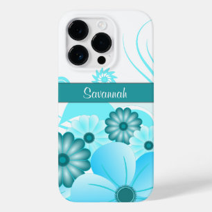 Trendy Aqua Blue Teal Hibiscus Floral Design Case-Mate iPhone 14 Pro Case