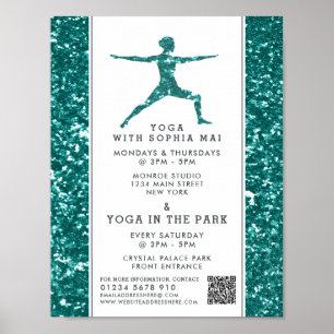 Trendy Aqua Glitter Effect Yoga Class Advertising Poster