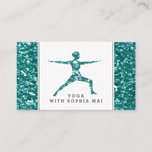 Trendy Aqua Glitter Effect Yoga Instructor Business Card (Front)