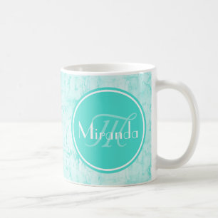 Trendy Aqua Mint Crackle Pattern With Monogram Coffee Mug