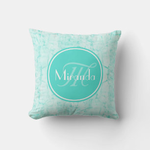 Trendy Aqua Mint Crackle Pattern With Monogram Cushion