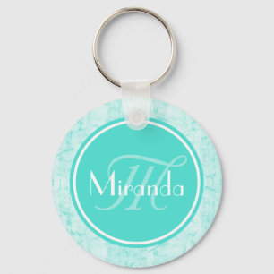Trendy Aqua Mint Crackle Pattern With Monogram Key Ring