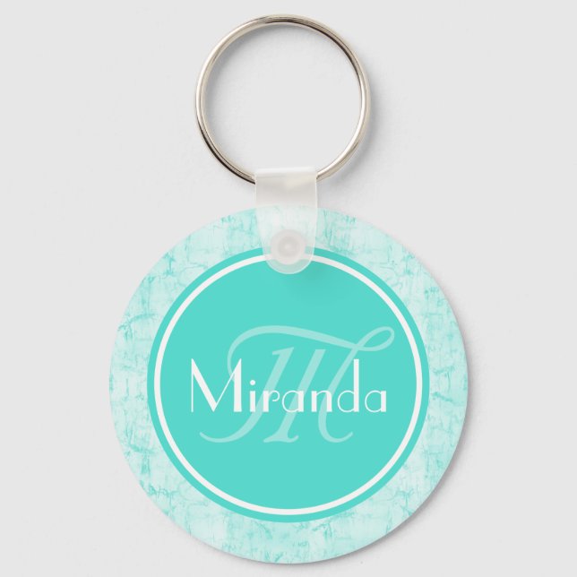 Trendy Aqua Mint Crackle Pattern With Monogram Key Ring (Front)