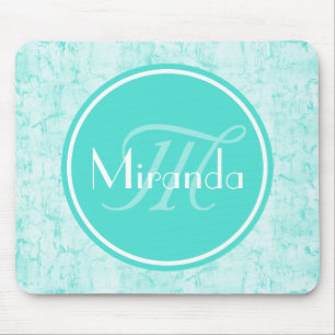 Trendy Aqua Mint Crackle Pattern With Monogram Mouse Mat