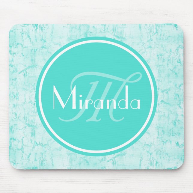 Trendy Aqua Mint Crackle Pattern With Monogram Mouse Mat (Front)