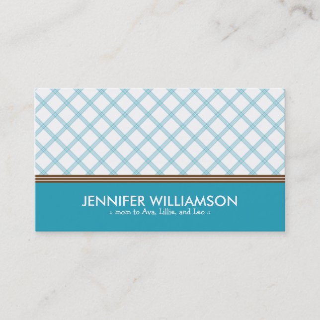 Trendy Aqua Plaid Mummy Calling Card (Front)
