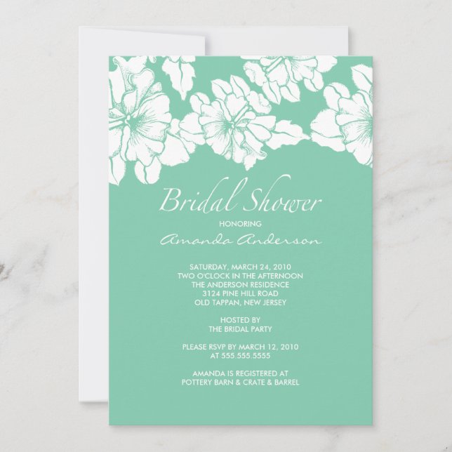 Trendy Aqua & White Floral Bridal Shower Invite (Front)