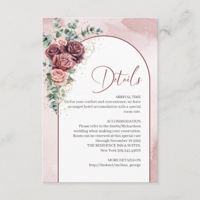 Trendy arch burgundy and blush floral details card (Front)