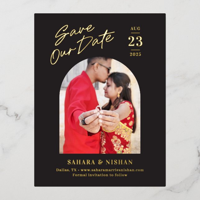 Trendy Arch FOIL Wedding Save The Date Postcard (Front)