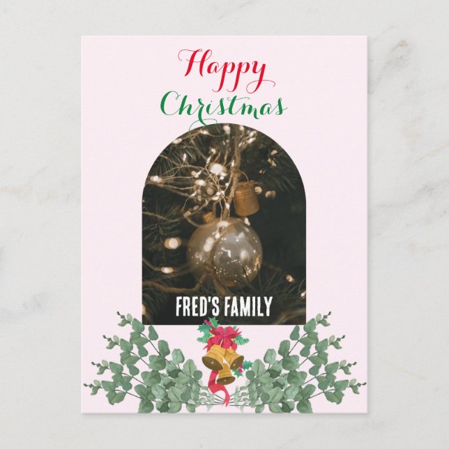 Trendy arch photo merry christmas foliage pink holiday postcard (Front)