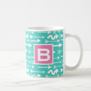 Trendy Arrows Pattern Teal and Pink Monogram Coffee Mug