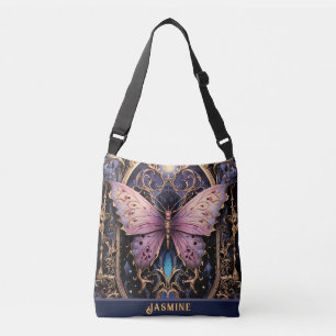 Trendy Art Deco Purple Pink Gold Butterfly Crossbody Bag