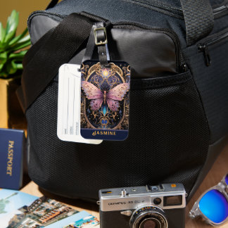 Trendy Art Deco Purple Pink Gold Butterfly Luggage Tag