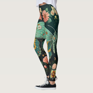 Trendy Art Deco Teal Pink Floral Butterfly Yoga  Leggings