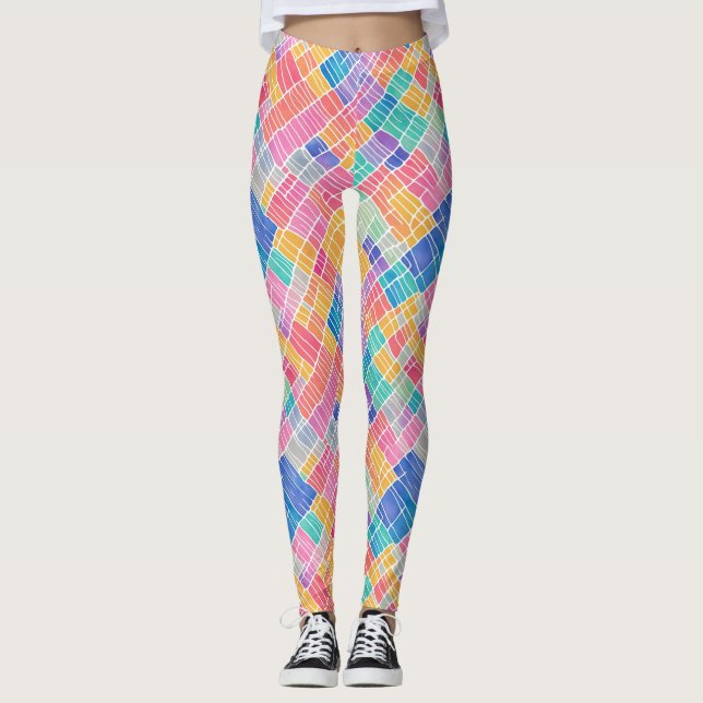 Trendy Artsy Abstract Rainbow Watercolor Pattern Leggings (Front)