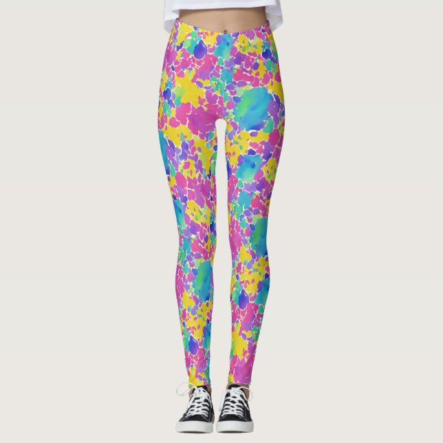 Trendy Artsy Colourful Watercolor Splatters Patter Leggings (Front)