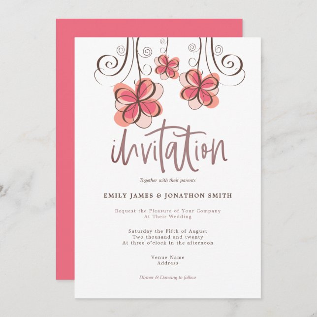 Trendy Artsy Pink Watercolor Floral Script Wedding Invitation (Front/Back)