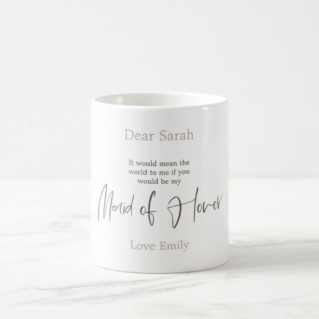 Trendy Arty Brown Script Maid of Honour request Coffee Mug (Center)