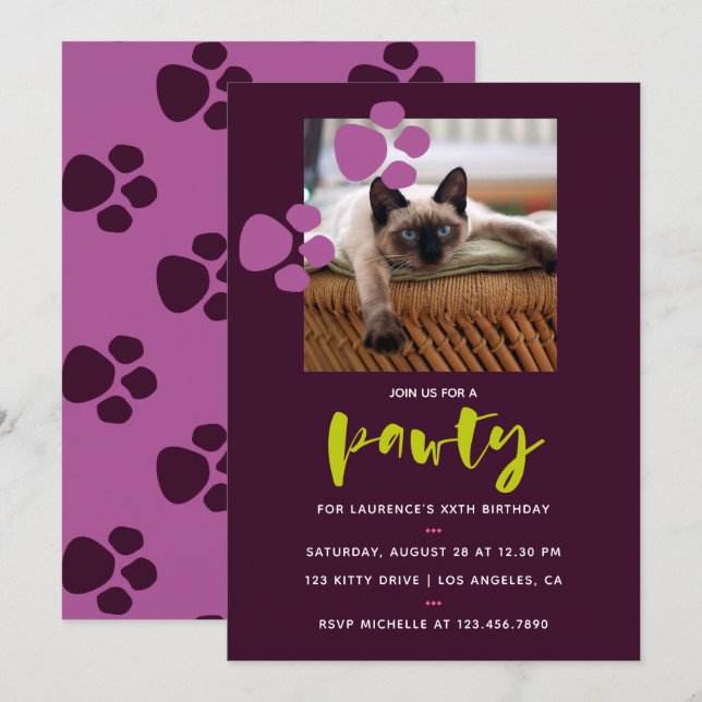 Trendy aubergine and purple Cat Birthday Party Invitation (Front/Back)