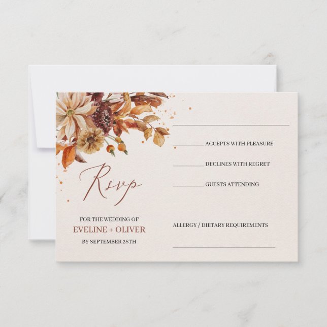 Trendy Autumn floral and lewaves foliage wedding RSVP Card (Front)