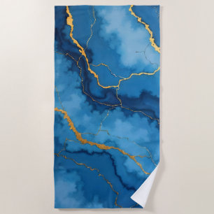 Trendy Azure Blue Gold Marble Collection Beach Towel