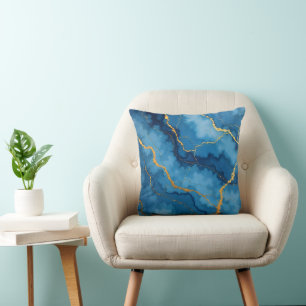 Trendy Azure Blue Gold Marble Collection Cushion