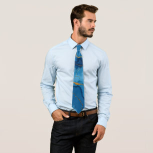 Trendy Azure Blue Gold Marble Collection Tie