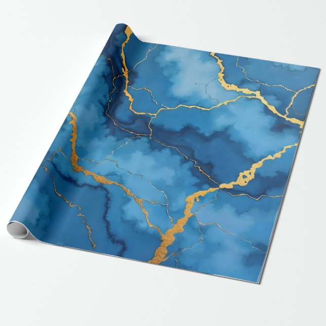 Trendy Azure Blue Gold Marble Collection Wrapping Paper (Unrolled)
