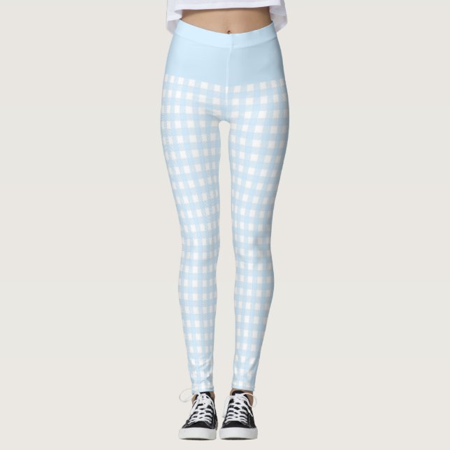 Trendy Baby Blue and White Check Gingham Pattern Leggings (Front)