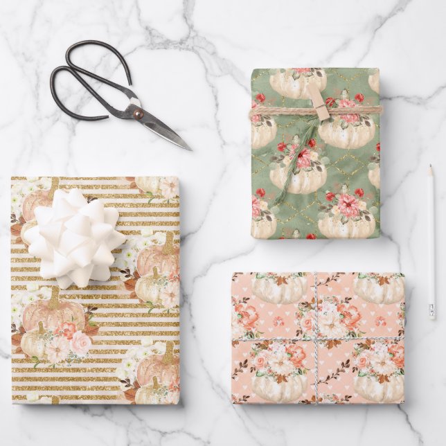 Trendy Baby Girl Shower Pumpkin Kids Birthday Wrapping Paper Sheet (Front)