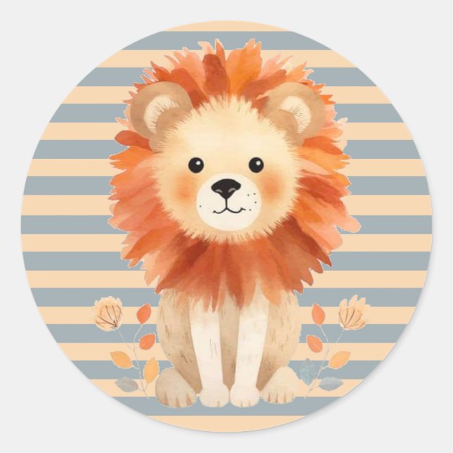 Trendy Baby Lion Stripes Boy Baby Shower Classic Round Sticker (Front)