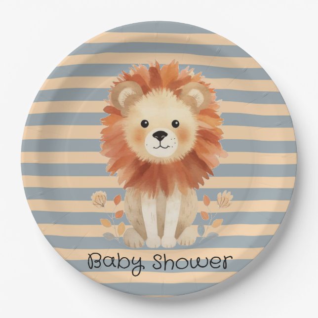 Trendy Baby Lion Stripes Boy Baby Shower Paper Plate (Front)