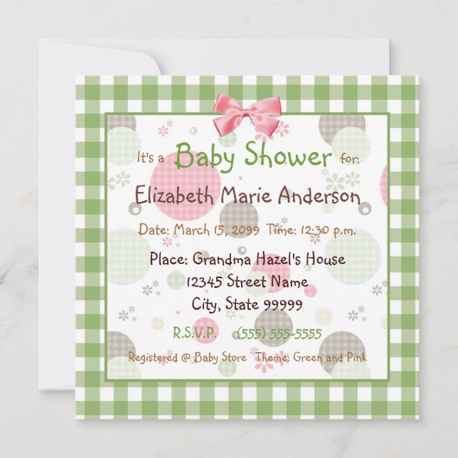Trendy Baby Shower For Girl Gingham and Polka Dots Invitation (Front)