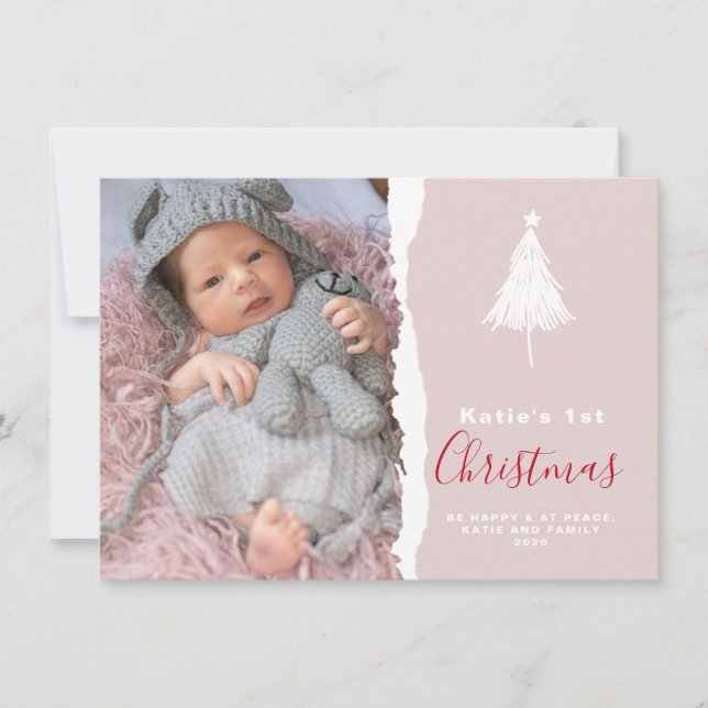Trendy Baby's 1st Christmas Photo Blush Holiday Card (Front)