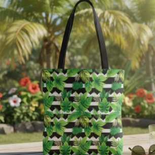 Trendy Bag with Green Leaves and Striped Details