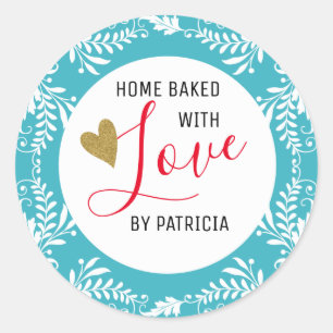 Trendy Baked With love Baby Blue And White Classic Round Sticker