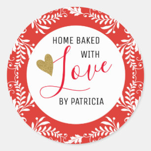 Trendy Baked With love Red And White Classic Round Sticker