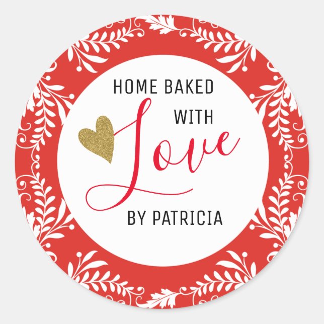 Trendy Baked With love Red And White Classic Round Sticker (Front)