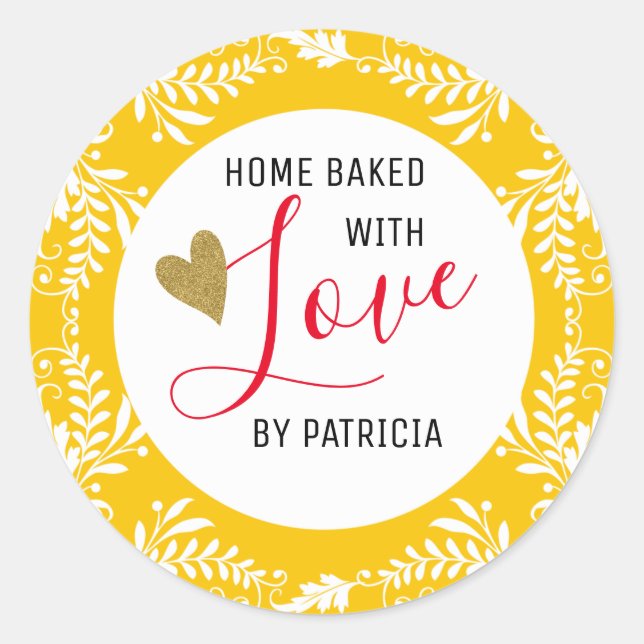 Trendy Baked With love Yellow And White Classic Round Sticker (Front)